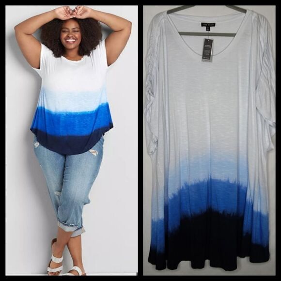 34W 36W Blue Ombre Dolman Slub Knit Tee Ruched - Picture 1 of 11